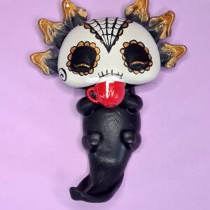 La Catrina Axolotl mit goldenen Wimpern und Goldfarbe